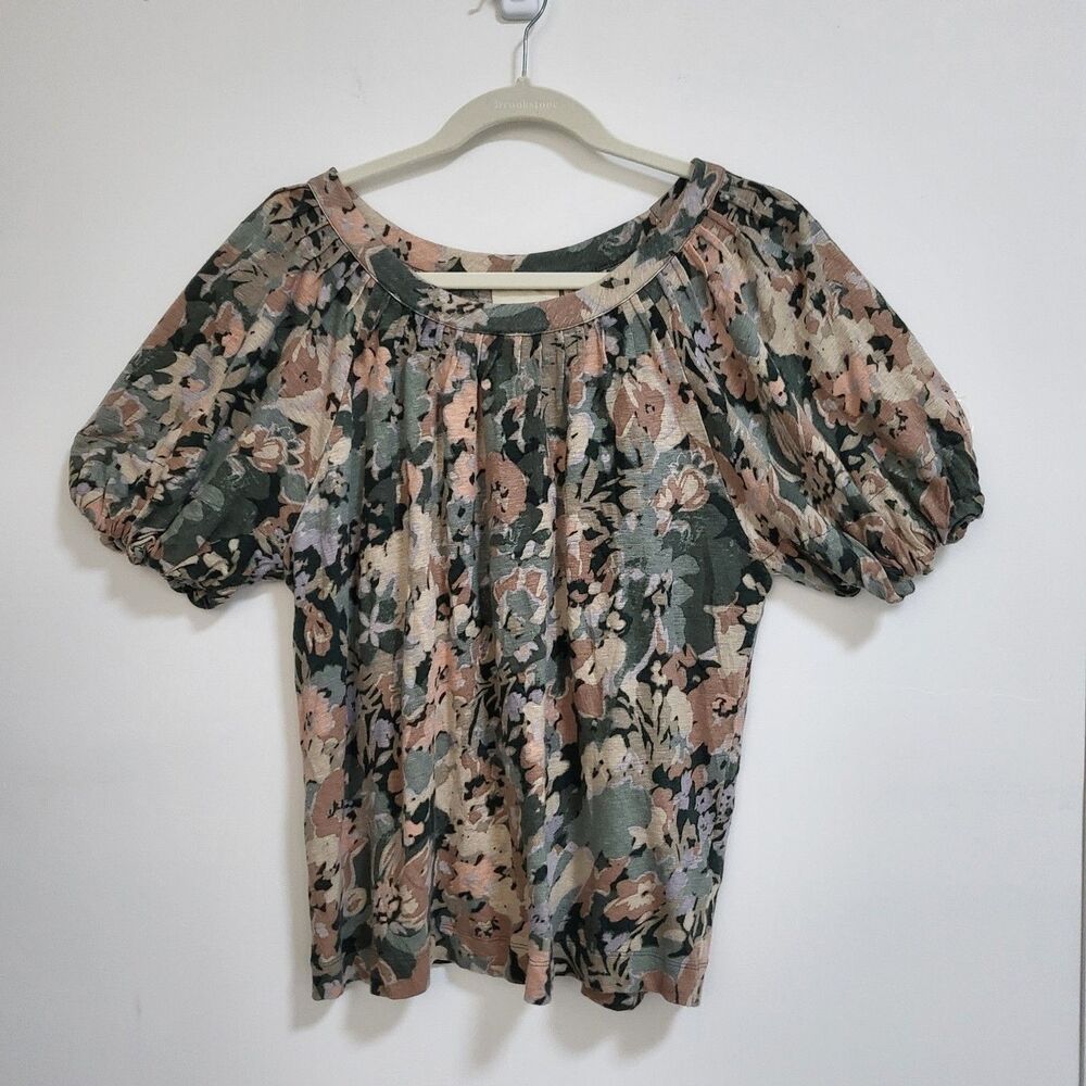 MAEVE by ANTHROPOLOGIE 100% Linen Top Womens S Short Puff Sleeve Green Floral
